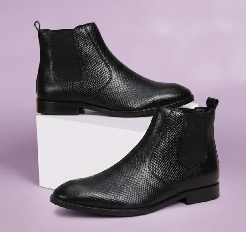 Alligator Stripped Chelsea Shoes (Black, UK 6)